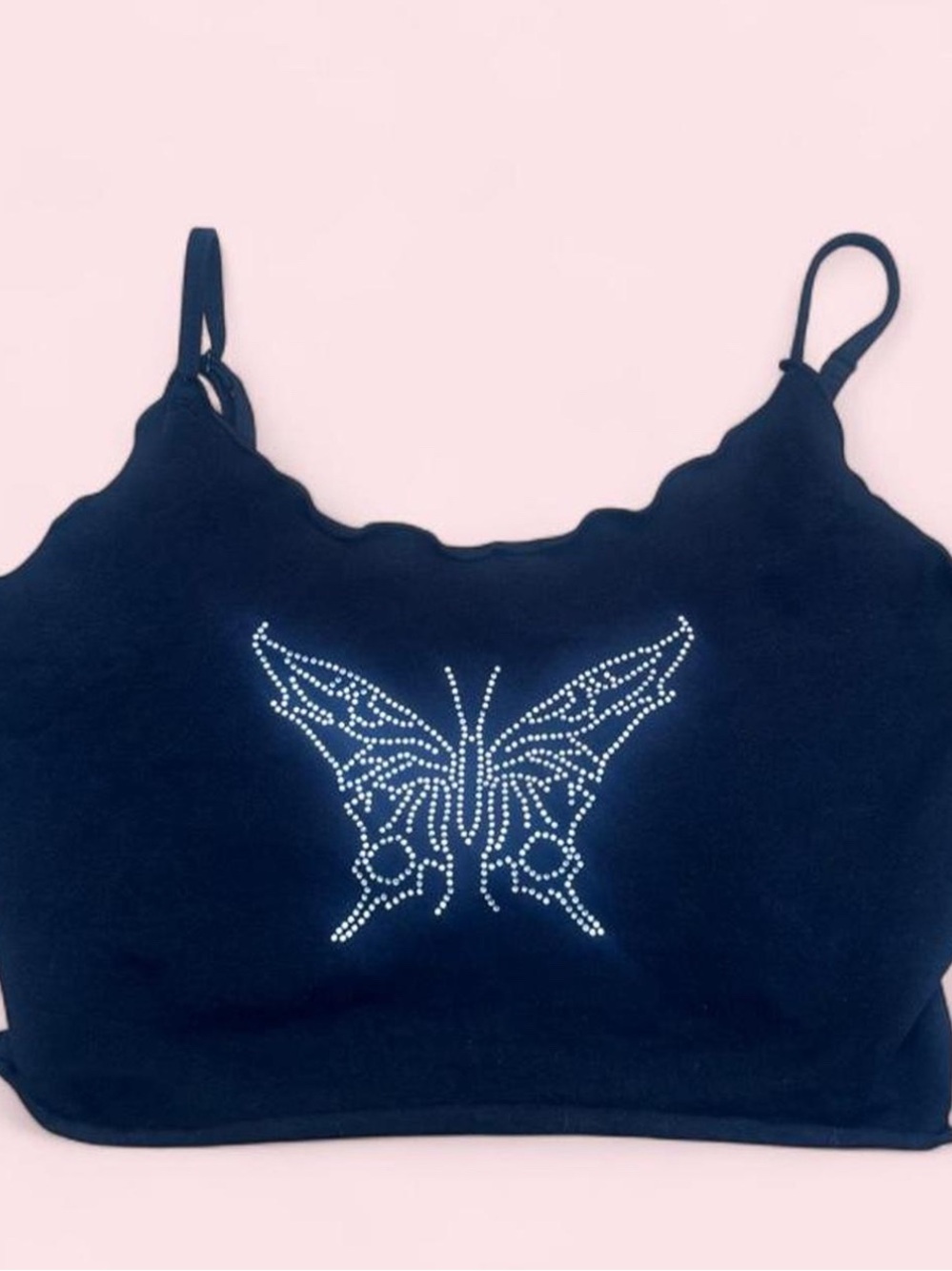 Black Women's Crop Top with Rhinestone Butterfly